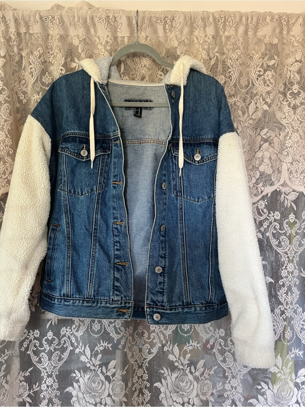 Forever 21 Blue Denim Jacket with Cream Sherpa Hood & Sleeves